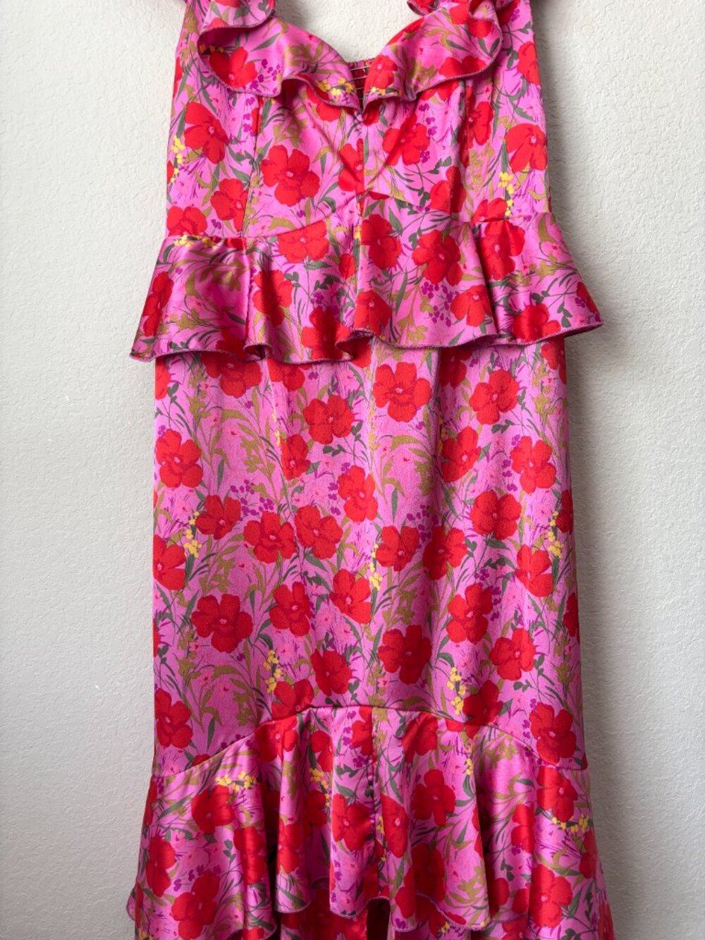 Show Me Your MuMu Pink + Red Floral Ruffle Midi Dress - Picture 5 of 12